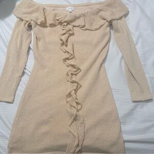 Off-Shoulder Beige Knit Dress with Ruffle Detail